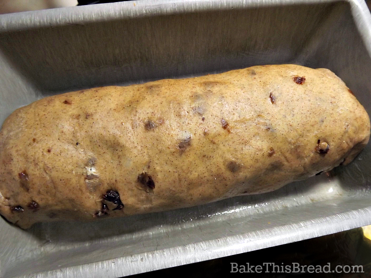 Swirled cinnamon bread dough in the pan for second rise by bake this bread